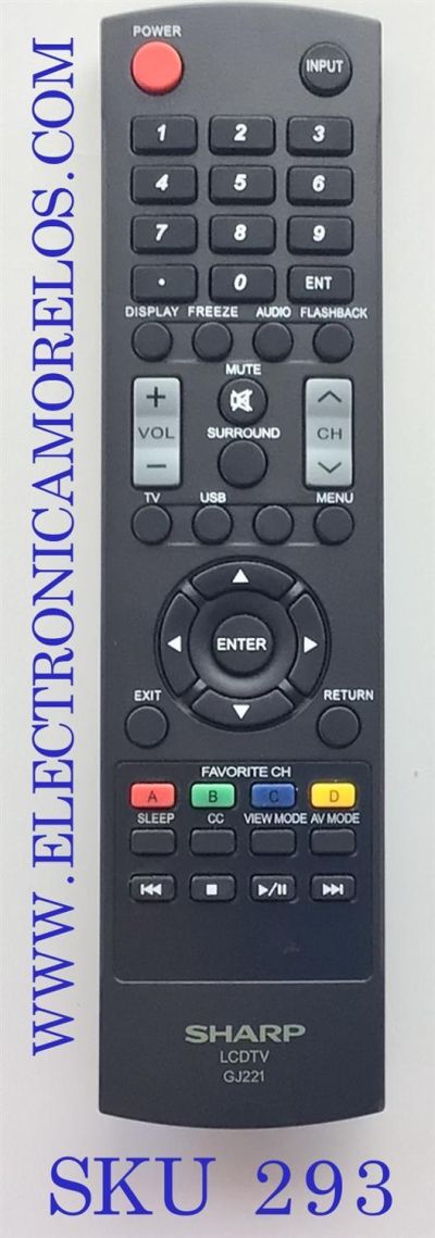 CONTROL REMOTO PARA TV SHARP / NUMERO DE PARTE LCDTVGJ221 / W6023-0145-0331 / 092003063200 / MODELOS LC-23SV490U / LC-32D59U / LC-42D69U / LC-46SV49U / LC-32D59 / LC-42D69 / LC-46SV50 / LC-50LE440 